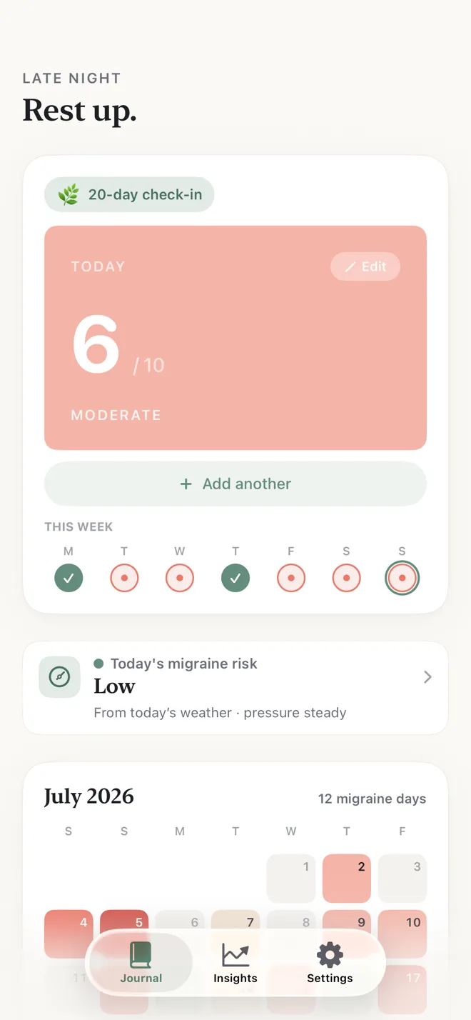 The home screen: today's severity, a week of check-ins, today's migraine risk, and a month calendar of migraine days.